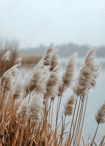 Soft Pampas Grass Swaying Gently by the Serene Lakeside During a Foggy Morning