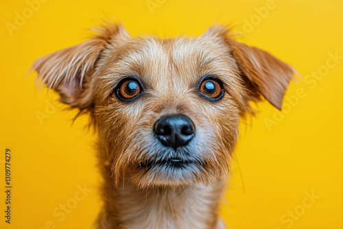 Cute Small Dog With Expressive Eyes in Front of a Bright Yellow Background