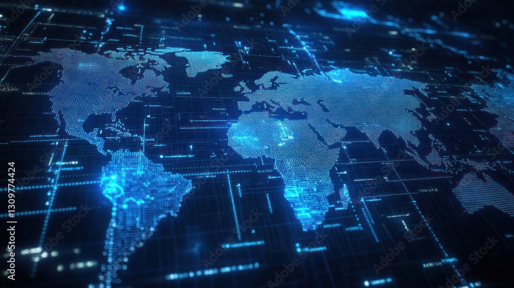 Digital world map on dark background, futuristic network connection concept Digital world map on dark background, futuristic network connection concept