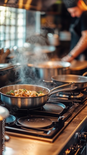 Kitchen Cookware Displayed on a Wooden Countertop in a Bright, Modern Kitchen...