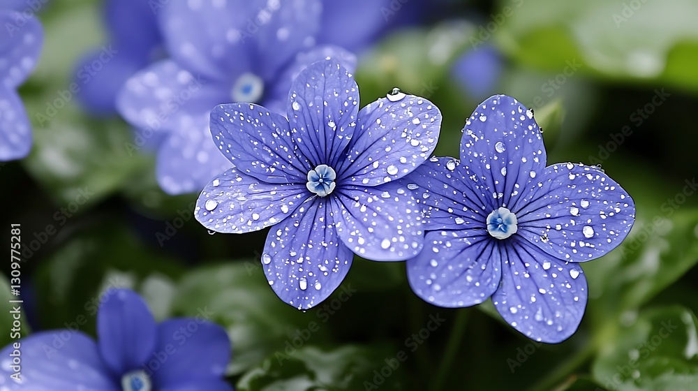 Blue flowers covered in water droplets, macro shot in garden, green foliage background. For springtime ads Blue flowers covered in water droplets, macro shot in garden, green foliage background. For springtime ads