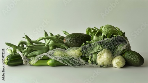 Fresh Avocados in a Reusable Bag With Green Leaves on a Light Background
