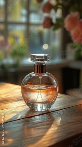 Elegant Glass Perfume Bottle Reflects Sunlight in Cozy Interior Setting Durin...