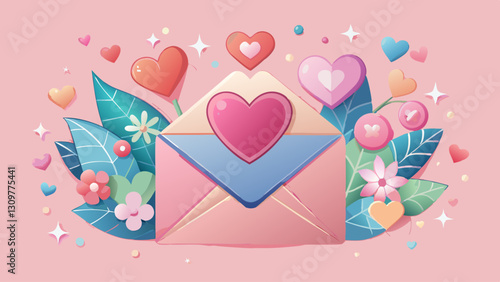 Paper craft envelope and Valentines hearts on a pink pastel background.