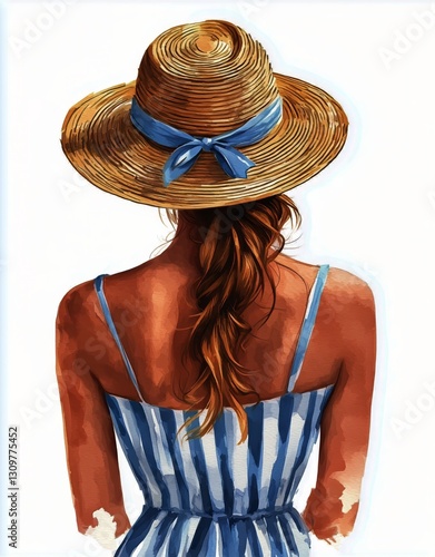 Woman in Striped Dress and Straw Hat Enjoying a Sunny Day at the Beach