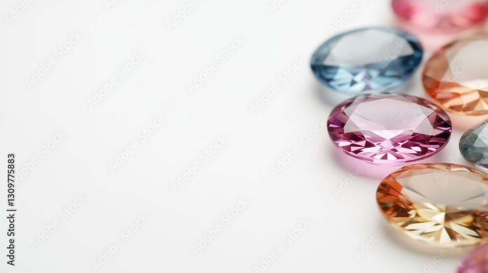 Colorful Gemstones in Various Shapes Arranged on White Background Colorful Gemstones in Various Shapes Arranged on White Background