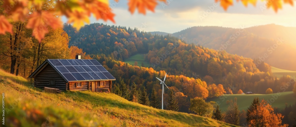 Obraz premium Sustainable living eco-friendly cabin among colorful autumn landscape