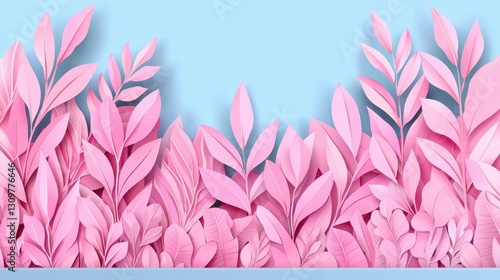 Vibrant Pink Paper Leaves Against Soft Blue Background for Decor