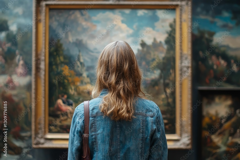 Fototapeta premium Woman admires painting in a museum gallery.