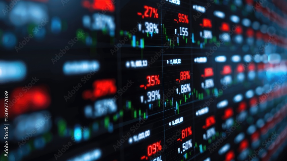 A digital screen displaying financial data with numbers and graphs A digital screen displaying financial data with numbers and graphs