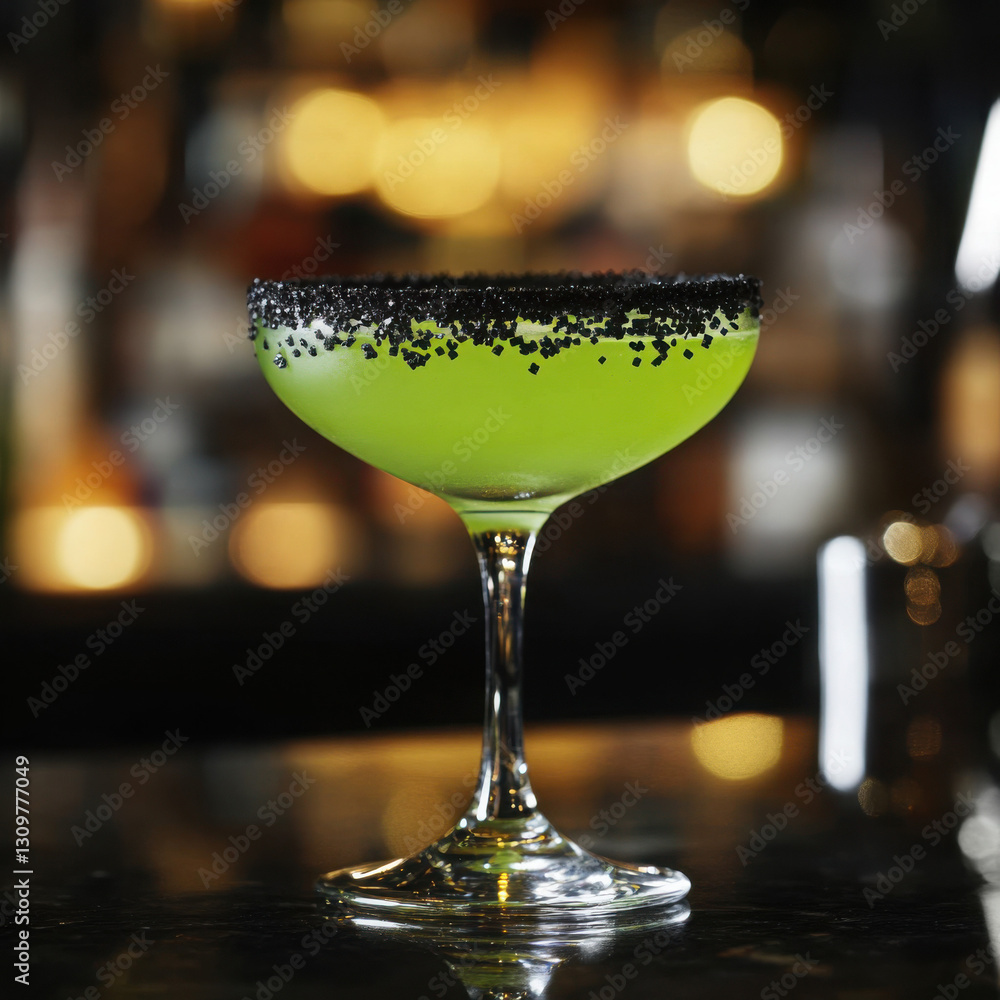 A vibrant green cocktail in a coupe glass with a striking black salt rim, set against a softly blurred bar background, creating a sophisticated and alluring ambiance. A vibrant green cocktail in a coupe glass with a striking black salt rim, set against a softly blurred bar background, creating a sophisticated and alluring ambiance.