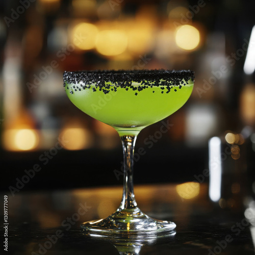 Wallpaper Mural A vibrant green cocktail in a coupe glass with a striking black salt rim, set against a softly blurred bar background, creating a sophisticated and alluring ambiance. Torontodigital.ca