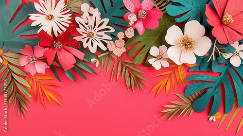 Vibrant Paper Flowers and Leaves on a Coral Background