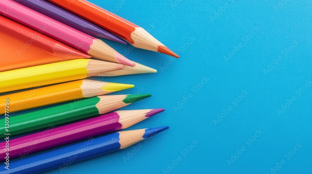 Colorful Pencils Arranged Neatly on a Bright Blue Background Colorful Pencils Arranged Neatly on a Bright Blue Background