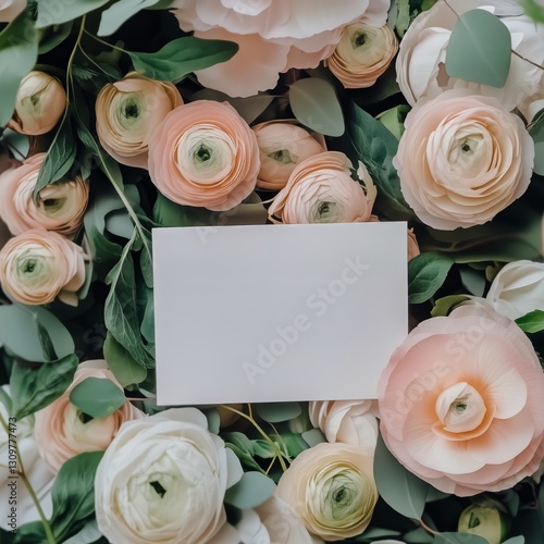 Blank Card Surrounded by Beautiful Ranunculus Flowers in Soft Pastel Colors