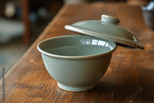 Beautiful Ceramic Bowl With Lid Placed on a Wooden Table in a Cozy Indoor Set...