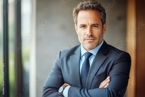 Confident Businessman Stands With Arms Crossed in Modern Office Setting Durin...