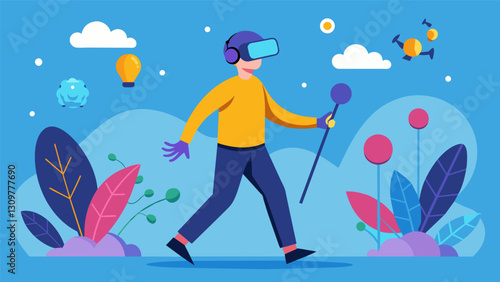 Utilizing VR technology to help individuals recovering from a traumatic brain injury relearn basic skills such as walking and speaking.. Vector illustration