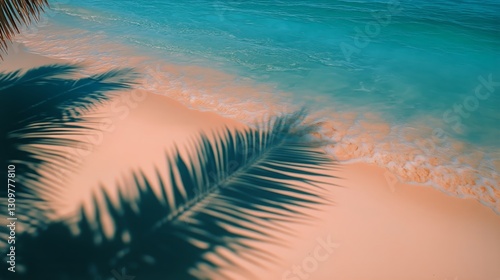 Tranquil Beach With Palm Tree Shadows and Gentle Waves at Sunset