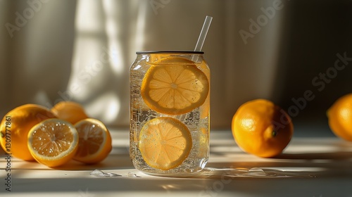 Refreshing Drink With Lemon Slices Bathed in Sunlight on a Table