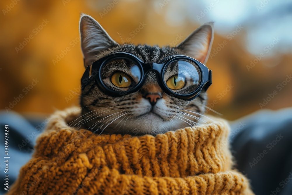 custom made wallpaper toronto digitalCat Wearing Goggles and a Cape Stands Proudly Outdoors in Autumn Landscape