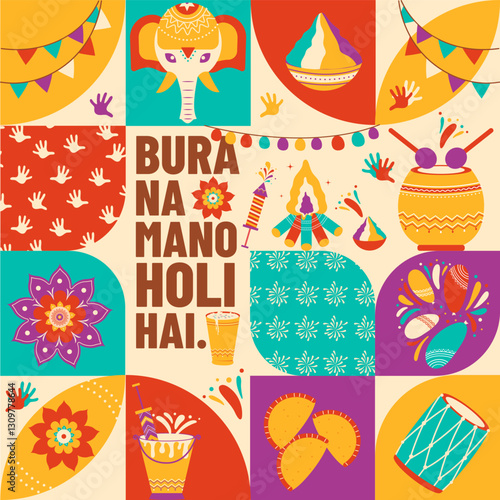 Happy Holi. Festival of colors. Flat trendy minimal style iconic colorful vector illustration greeting card, poster, banner or template design.