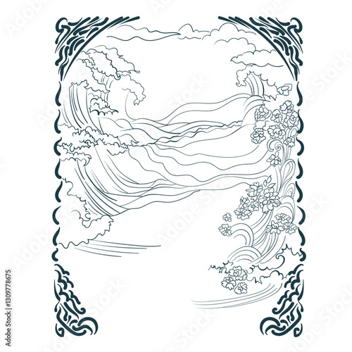 tsunami sea ocean waves vector nature frame line artistic