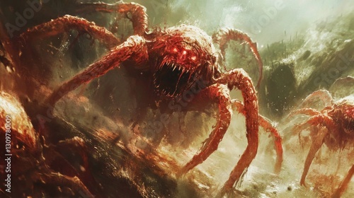 Nightmarish arachnid horror creature emerging from a murky landscape
