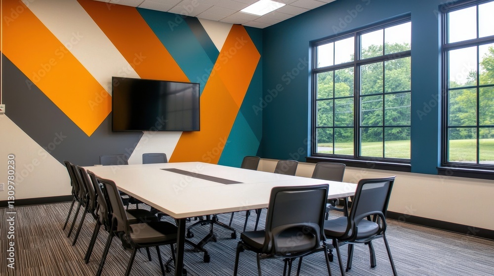Fototapeta premium Modern Conference Room with Vibrant Geometric Wall Design
