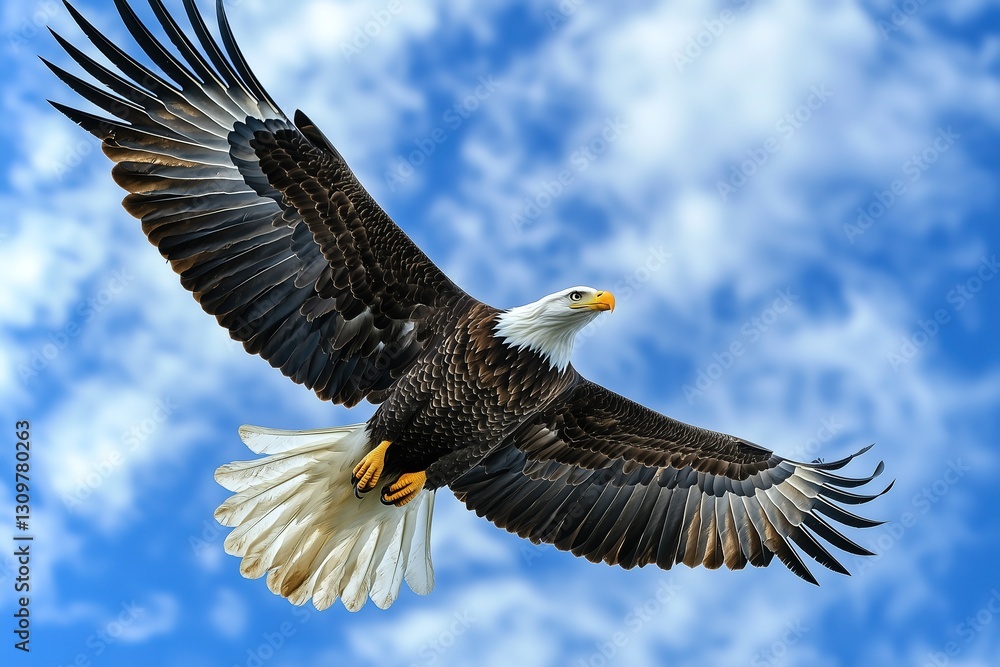 Naklejka premium Majestic Bald Eagle Soaring High in a Bright Blue Sky with White Clouds