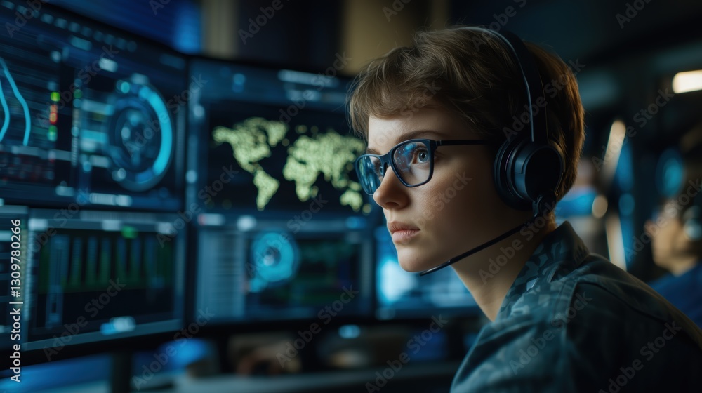 Data analyst monitoring cybersecurity operations in high-tech lab Data analyst monitoring cybersecurity operations in high-tech lab