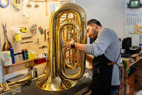 Instrument repairman carefully restoring a tuba in his workshop