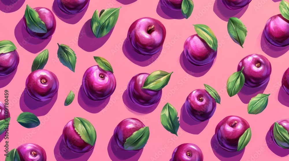 Plums and leaves pattern on pink background Plums and leaves pattern on pink background