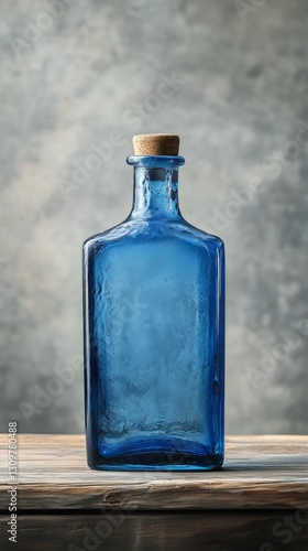 Vintage Blue Glass Bottle With Cork Stopper on Wooden Table Against Cloudy Ba...
