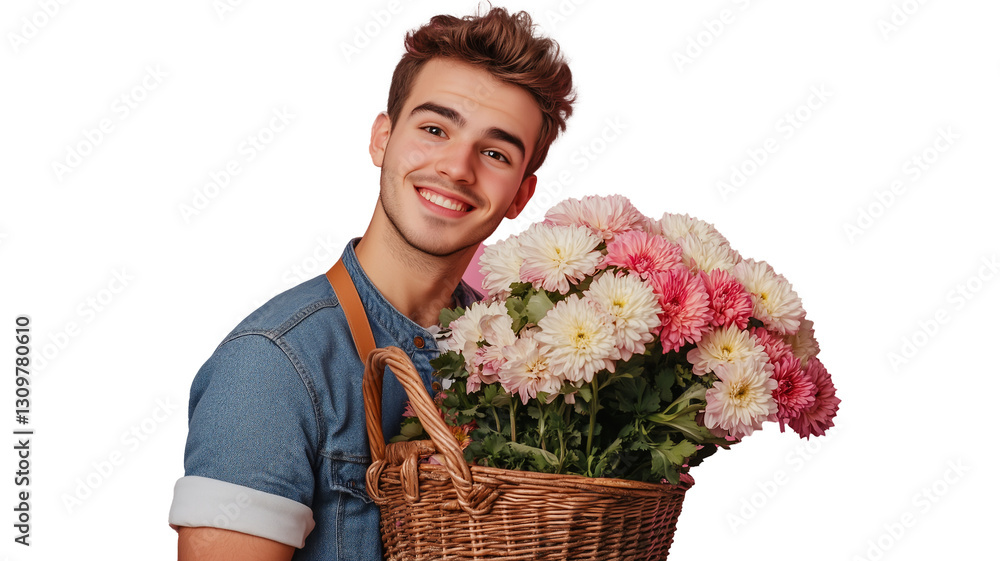 A young man with brown hair, wearing a blue T-shirt and a dark apron, holds a wicker basket filled with red, yellow, and white flowers on a transparent background