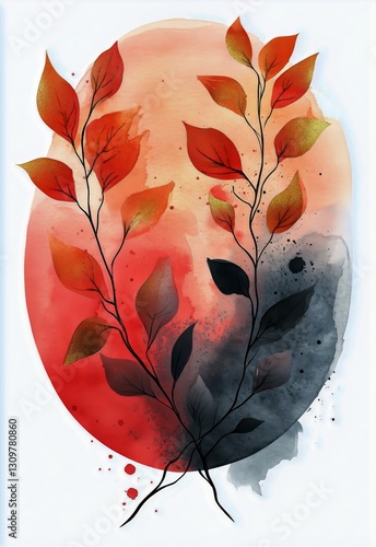 Colorful Watercolor Illustration of Autumn Leaves With Red and Black Hues