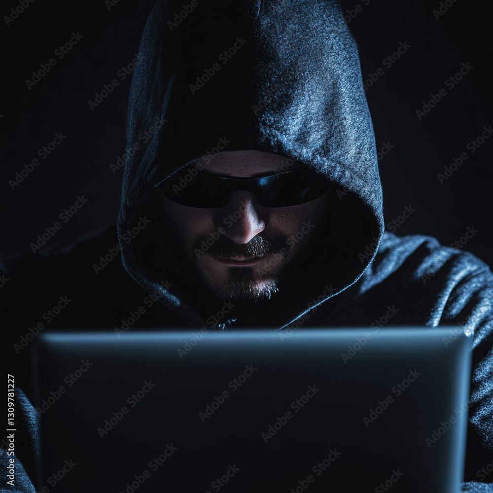 Mysterious man in a hooded sweatshirt working on a laptop in a dark setting, conveying a sense of secrecy and intrigue. Mysterious man in a hooded sweatshirt working on a laptop in a dark setting, conveying a sense of secrecy and intrigue.