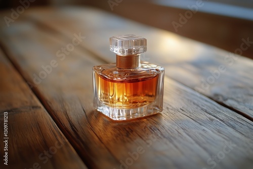 Elegant Glass Perfume Bottle on Wooden Surface With Warm Light Highlighting I...