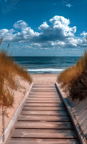 Wooden Walkway Leading to a Serene Beach at Daytime With Blue Skies and Fluff...