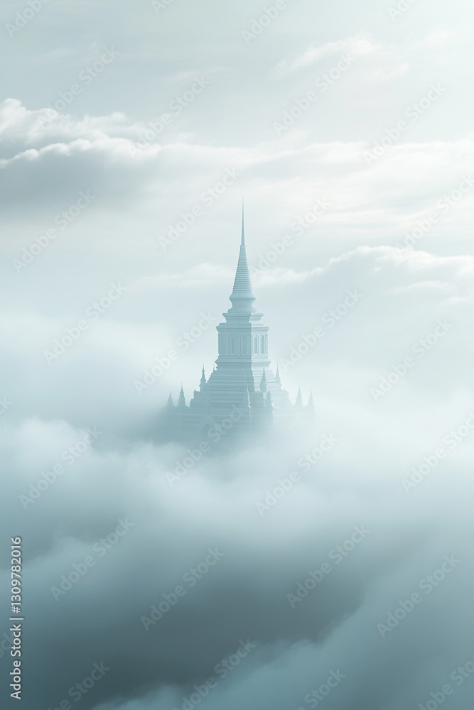 White church spire emerging from dense fog with a serene, minimalist atmosphere White church spire emerging from dense fog with a serene, minimalist atmosphere