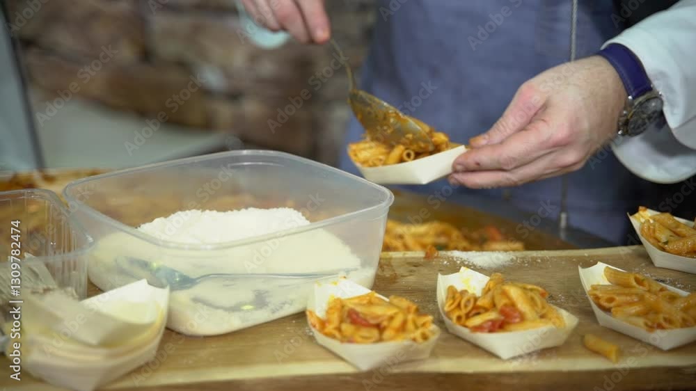 Professional chef in a blue apron serving penne pasta with tomato sauce and cheese into disposable plates. Close-up of hands preparing food at a catering event or in a professional kitchen. Professional chef in a blue apron serving penne pasta with tomato sauce and cheese into disposable plates. Close-up of hands preparing food at a catering event or in a professional kitchen.