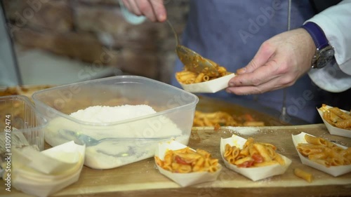 Professional chef in a blue apron serving penne pasta with tomato sauce and cheese into disposable plates. Close-up of hands preparing food at a catering event or in a professional kitchen.