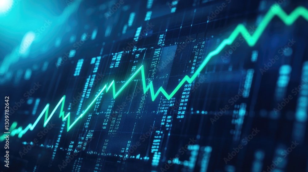 A green line graph displaying upward trend in the blue background A green line graph displaying upward trend in the blue background