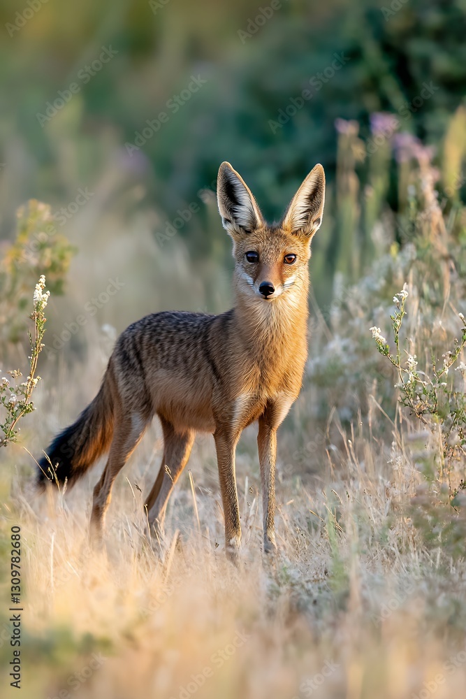 a small eared zorro trotting through a dry Chilean scrub a small eared zorro trotting through a dry Chilean scrub