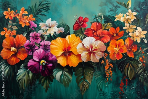 Vibrant Floral Arrangement Featuring Hibiscus and Daisies on a Green Background