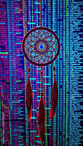 Dreamcatcher against background of glowing computer code blending tech and tradition