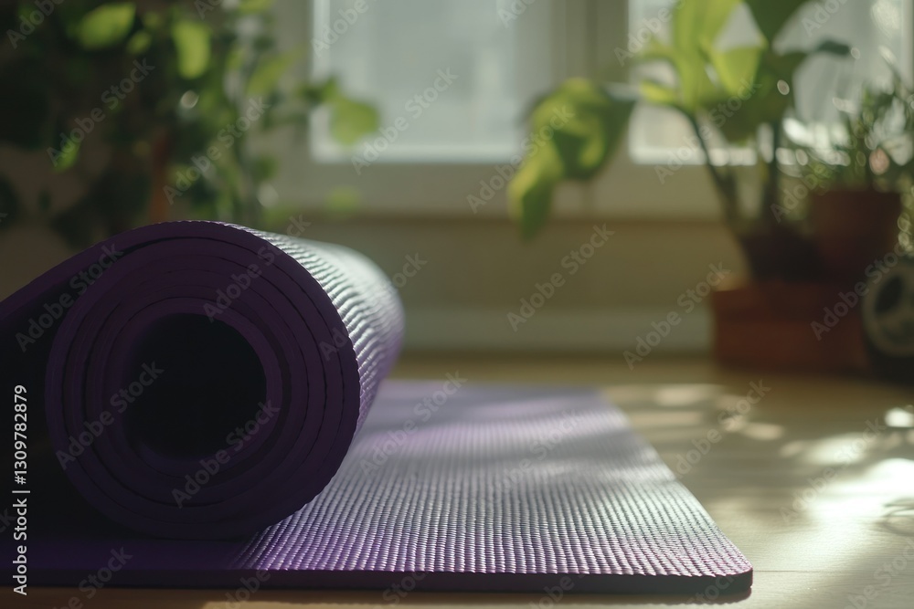 Rolled yoga mat on a table near a window with plants Rolled yoga mat on a table near a window with plants