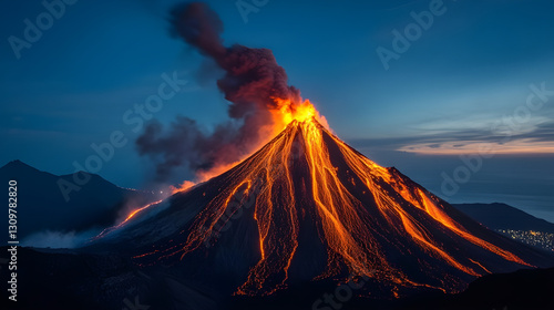 Dramatic Night Volcano Eruption: Molten Lava Cascade - Concept of Nature's Raw Power, Geothermal Energy & Earth's Dynamic Force