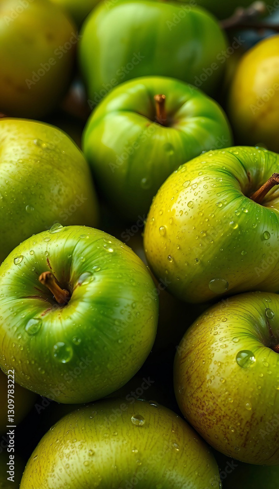 Green apples in drops of water. Vertical layout