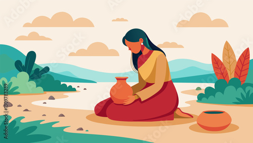 A woman sits by a riverbank creating beautiful clay pottery using traditional techniques finding solace and connection to her cultural identity in the. Vector illustration